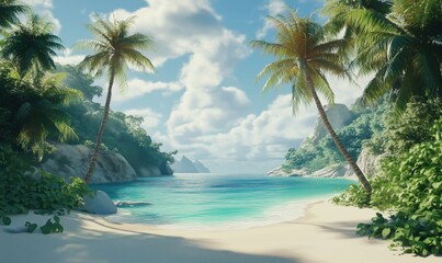 Fototapeta premium Tropical beach paradise with palm trees and crystal clear water under blue sky