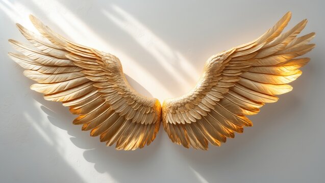 Symbolic arrangement of golden wings set against a white background.
