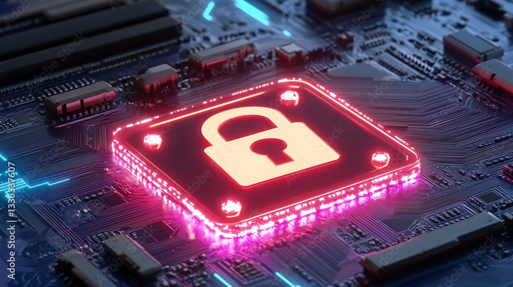 Aufkleber digital cybersecurity concept with lock icon on circuit board in neon colors and futuristic technolo