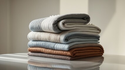 Stack of neatly folded soft blankets placed on the table.