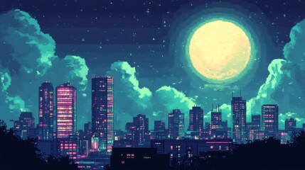 Fototapeta premium Pixel Art Cityscape Under a Full Moon Nighttime Urban Scenery with Illuminated Buildings and Starry Sky