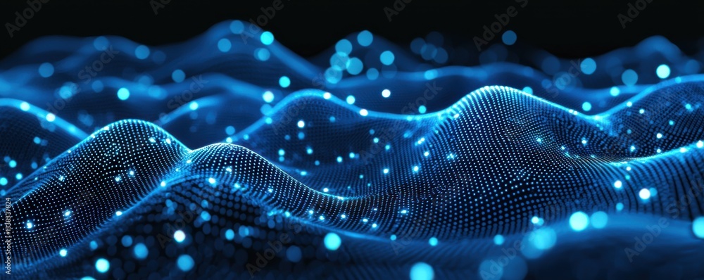 Poster a vibrant digital wave representation with glowing blue dots, creating an abstract, high-tech visual