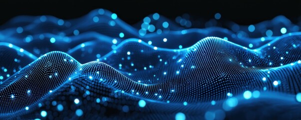 A vibrant digital wave representation with glowing blue dots, creating an abstract, high-tech visual effect.