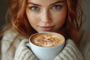 Cozy moment with a warm drink enjoyed by a young woman with freckles and red hair in a comfortable setting