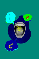 Vertical art trend collage of mouth scream warning exclamation mark question bubble bankruptcy coin usd capital scribble