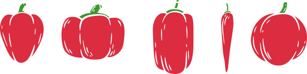 Vector illustration of pepper in cartoon flat style different shapes. Set of fresh vegetables plants for healthy food. Collection design elements for child textile print, stamp, kids education book.
