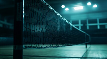 Indoor volleyball net under dramatic lighting in a dimly lit gymnasium, showcasing competitive sports atmosphere and professional game environment





