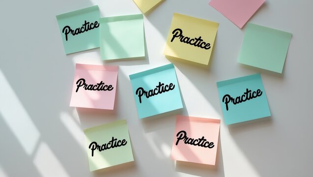 "Practice makes perfect theme - vibrant sticky notes featuring black ink writing, set against a white background."
