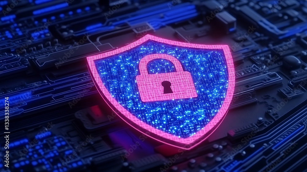 Poster digital data protection shield with lock icon on circuit board background for cybersecurity concepts