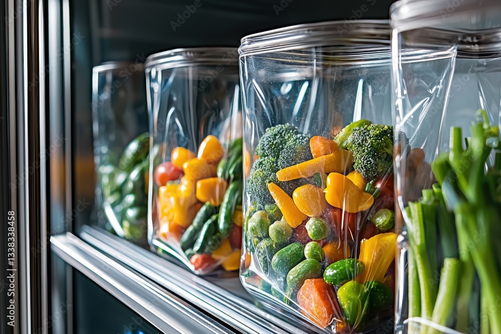 Poster neatly organized fridge shelf with transparent containers storing colorful vegetables like broccoli,