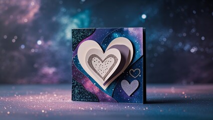Heart shaped paper craft on glittery surface with galaxy nebula background