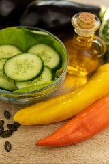 Vegetarian food. Preparation of salad. Spring vegetable salad. Dietary nutrition