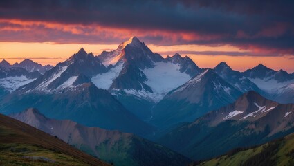 Fototapeta premium Sunset over the summits of Mountains in the Cascade Mountain Range as seen from Lookout in the Valley.