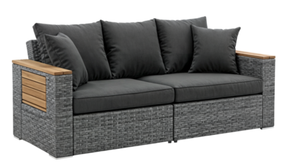 Grey wicker outdoor sofa with comfortable cushions and wooden armrests isolated on a transparent background
