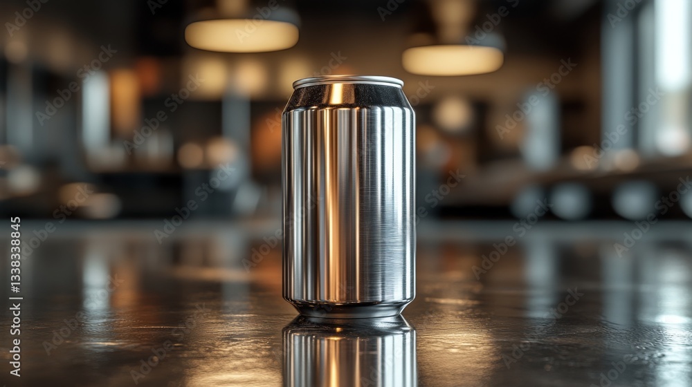 Poster A sleek metal can is positioned on a shiny table surrounded by an inviting atmosphere. Soft, warm light from overhead fixtures creates an appealing ambiance in a contemporary cafe during the evening.