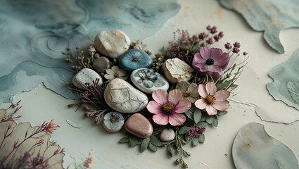 Obraz premium Heart shaped arrangement of river stones and pink flowers on a painted surface