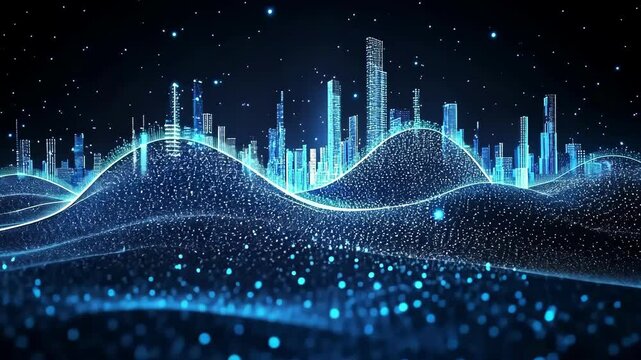 Abstract blue background with stars featuring digital charts, waves, and data elements for business, technology, and medical concepts