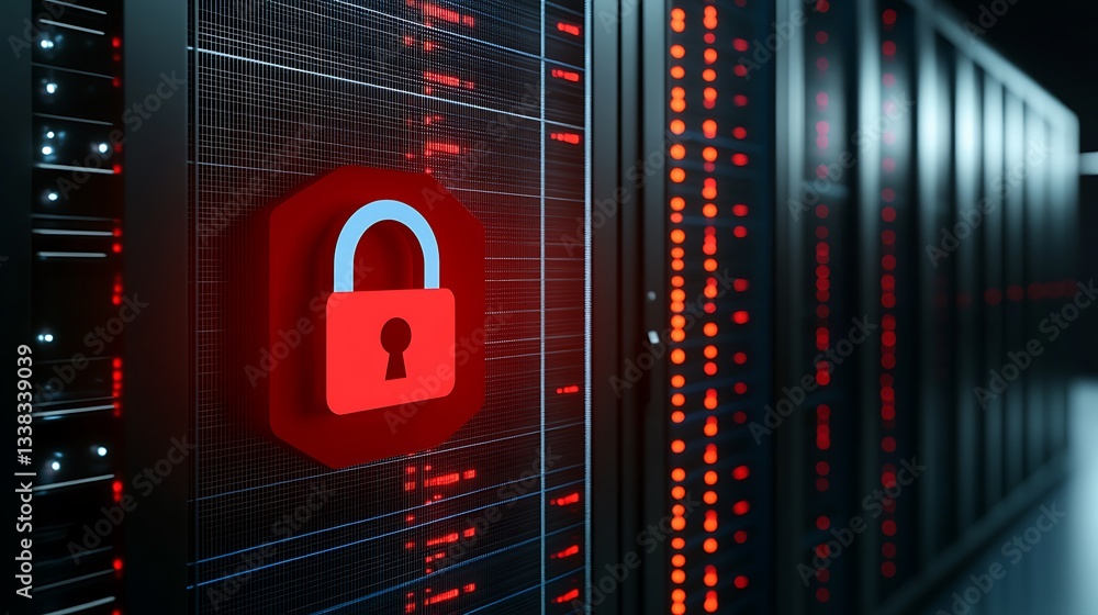 Poster digital data security concept with red lock symbol on server background in modern data center enviro