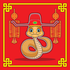 Chinese celebrate with cute snake zodiac wearing Chinese ancient officer hat background with firecrackers and square Chinese knot drawing in colorful cartoon vector