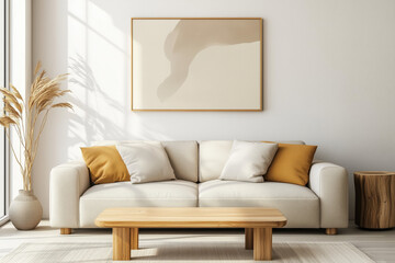 Fototapeta premium Modern living room interior with a beige sofa Generative AI