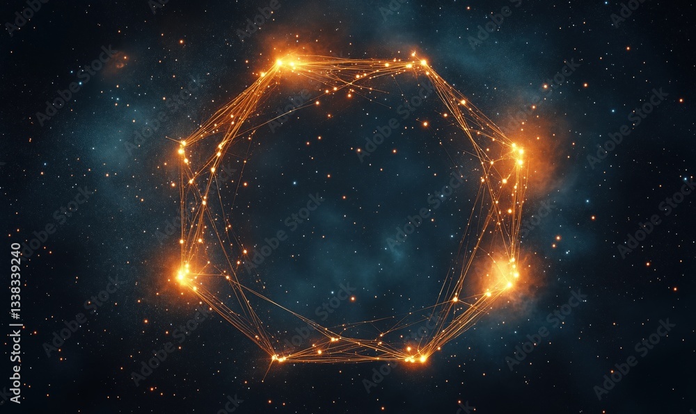 Poster cosmic geometric pattern with glowing connections in deep space background