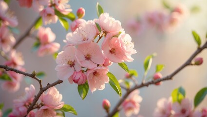 Obraz premium Delicate pink peach tree blossoms embellish branches, set against a gentle, blurred backdrop. The flowers create a tranquil and picturesque landscape.