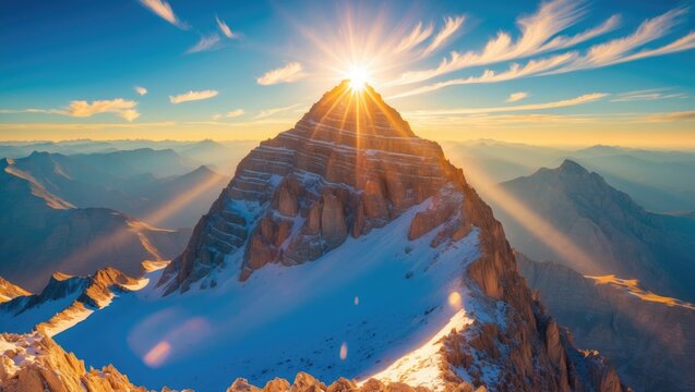 Sunrays illuminating peaks at dawn.