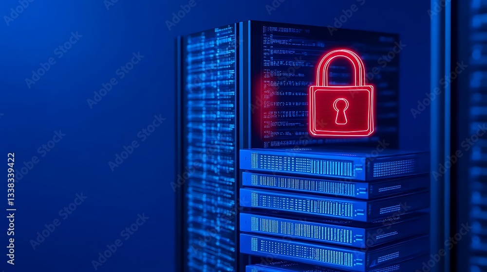 Poster digital data security lock symbol on server rack with blue background for cybersecurity concepts and