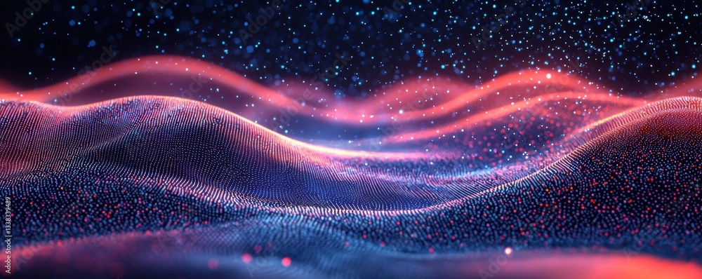 Poster a vibrant, abstract depiction of flowing waves with glowing particles, creating a mesmerizing visual