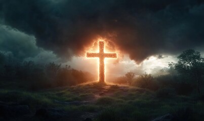Illuminated cross against dark stormy sky symbolizing hope and faith in challenging times