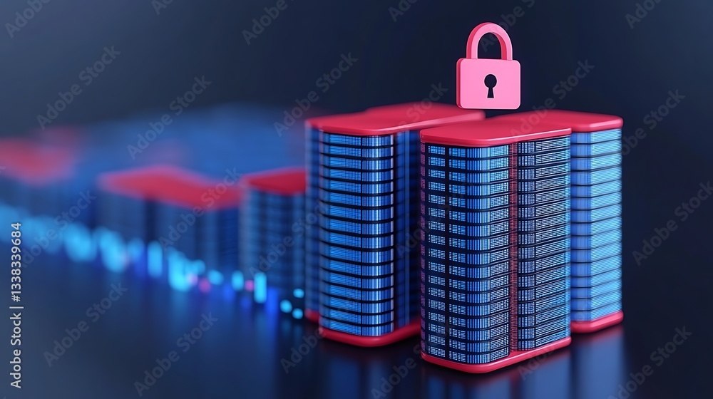 Poster digital database security concept with lock symbol over data storage units in virtual environment