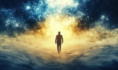 Silhouette of a man walking towards a cosmic explosion in a starry universe