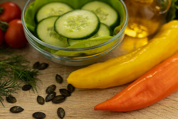 Vegetarian food. Preparation of salad. Spring vegetable salad. Dietary nutrition