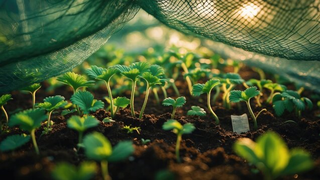 Strawberry plants thriving beneath a protective net.