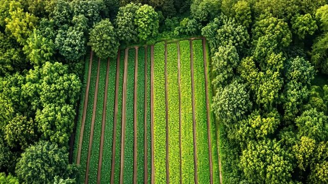 Cultivated Paradise: Aerial view of an idyllic farm. A vibrant contrast of structured fields and dense forest creating a tranquil view of the landscape.