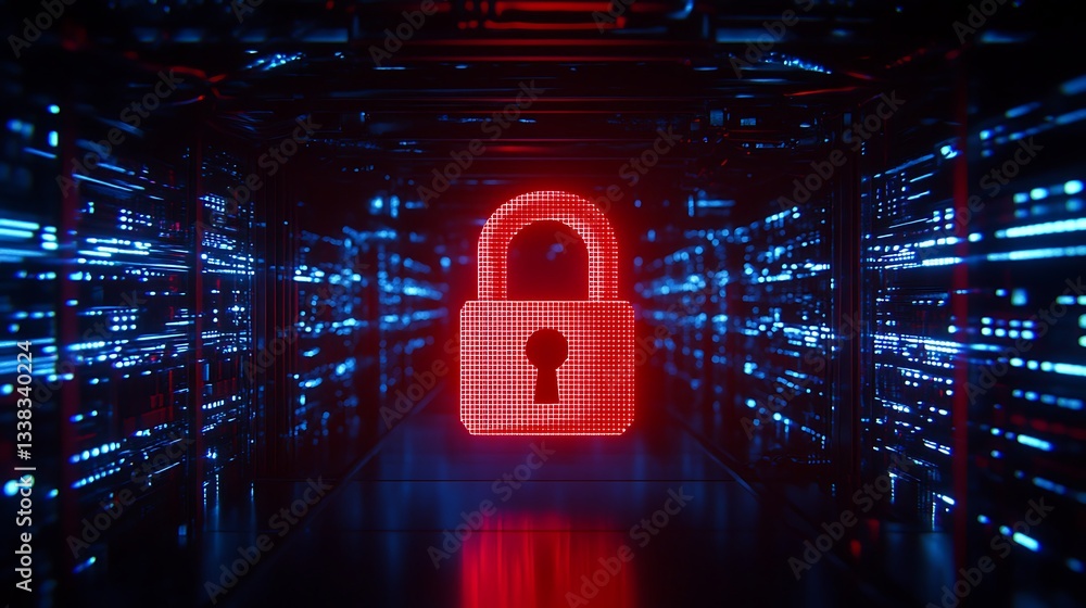 Poster digital lock display light in data center with neon network background and cybersecurity theme