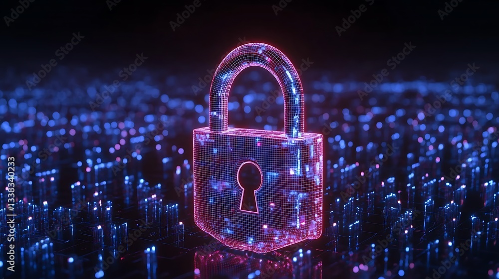 Poster digital lock concept representing cybersecurity and data protection in a futuristic environment