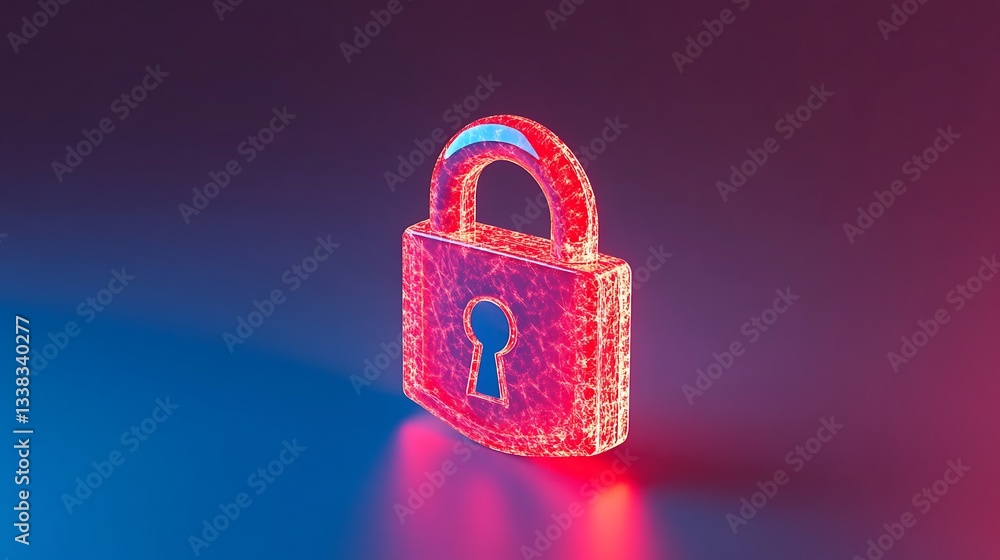 Poster digital lock icon glow in neon colors on gradient background for security and privacy concepts
