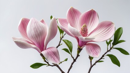 Fototapeta premium Pink magnolia flower on a white background, isolated with a full depth of field.