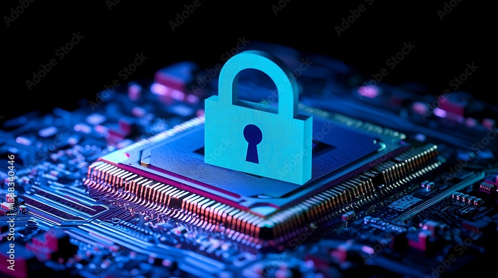 Poster digital lock icon on circuit board in cyber security concept with neon glow and high-tech background