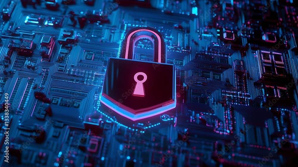 Poster digital lock icon on circuit board background, representing security and technology in a virtual env