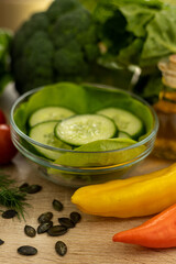 Vegetarian food. Preparation of salad. Spring vegetable salad. Dietary nutrition