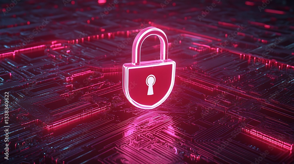 Poster digital lock icon with glowing neon effect on abstract technology background for cybersecurity conce