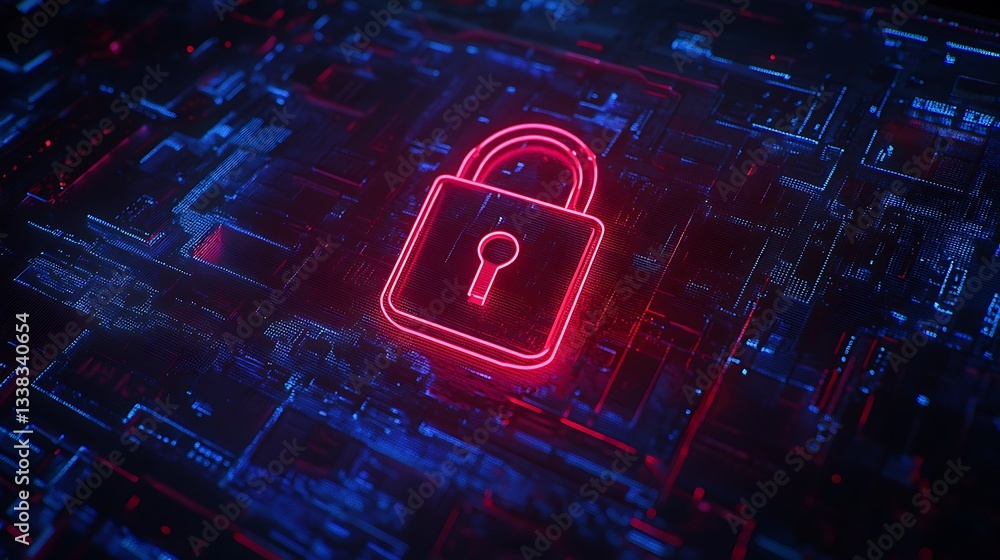 Poster digital lock icon with neon glow on futuristic abstract technology background for security concept