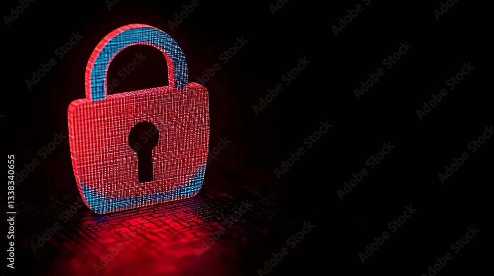 Poster digital lock icon with neon glow, symbolizing security and protection of data in cyber space
