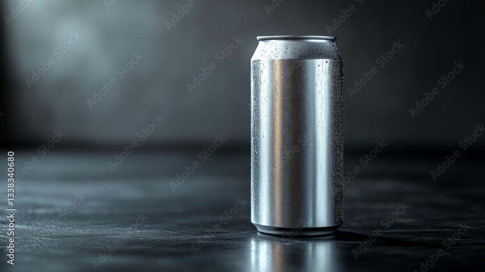 Aufkleber A metallic beverage can with condensation resting on a dark, slightly reflective surface. Soft light creates an inviting atmosphere, suggesting a chilled drink awaiting enjoyment.