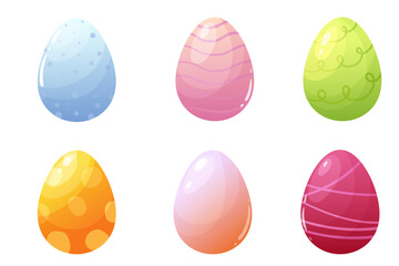 Set of colorful glossy Easter eggs with decorative patterns. Each egg features a unique design with gradients, stripes, dots, and swirls in pastel and vibrant colors. Perfect for Easter-themed designs