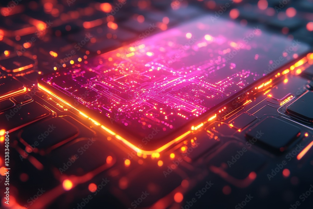 Poster illuminated circuit board design with vibrant colors and intricate patterns on a technology backgrou