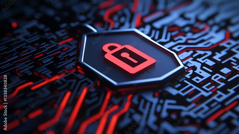 Poster digital lock security icon on circuit board background in high-tech futuristic design