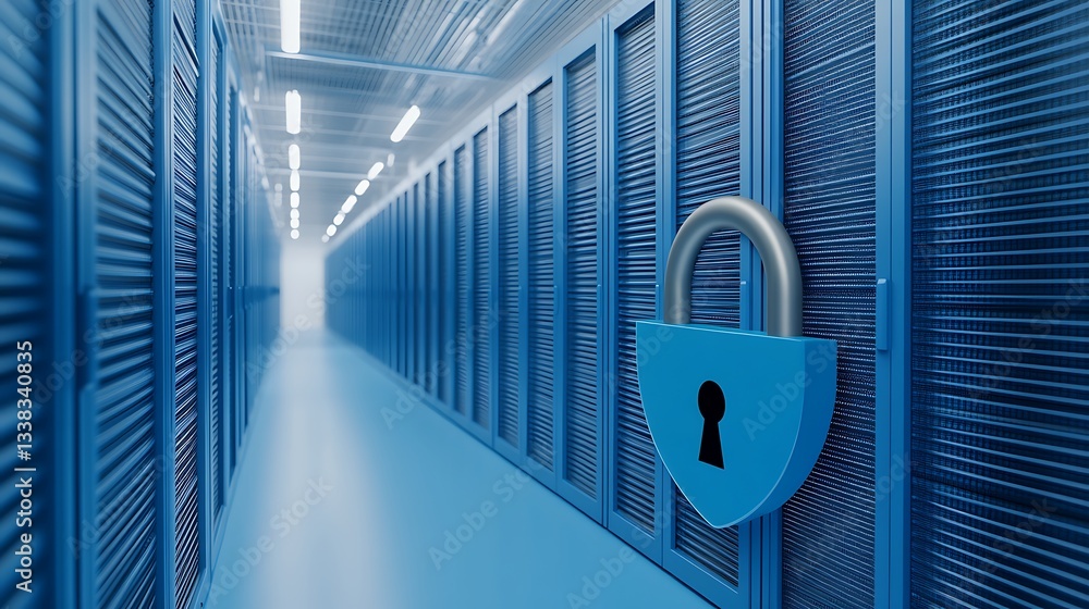 Poster digital lock on server rack in high-tech data center hallway for security and technology concepts